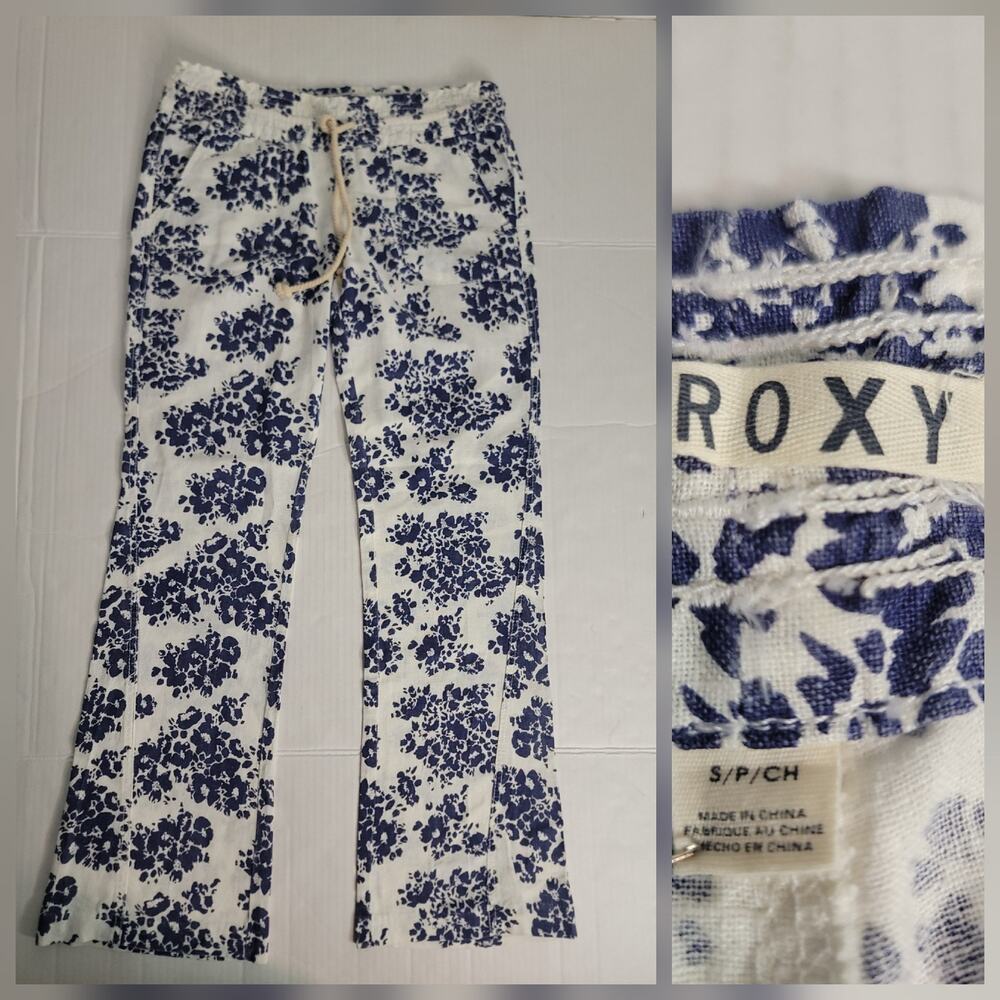 Roxy Linen Blend Pants Sz S Mid Rise Straight Wide Leg Drawstring Floral Relax